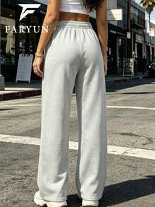 Women's Gray & Rose Red Wide Leg Casual Sports Pants, 2-Piece Set, Loose Fit Vacation Pants, Suitable For All Seasons - Multicolor - View 9