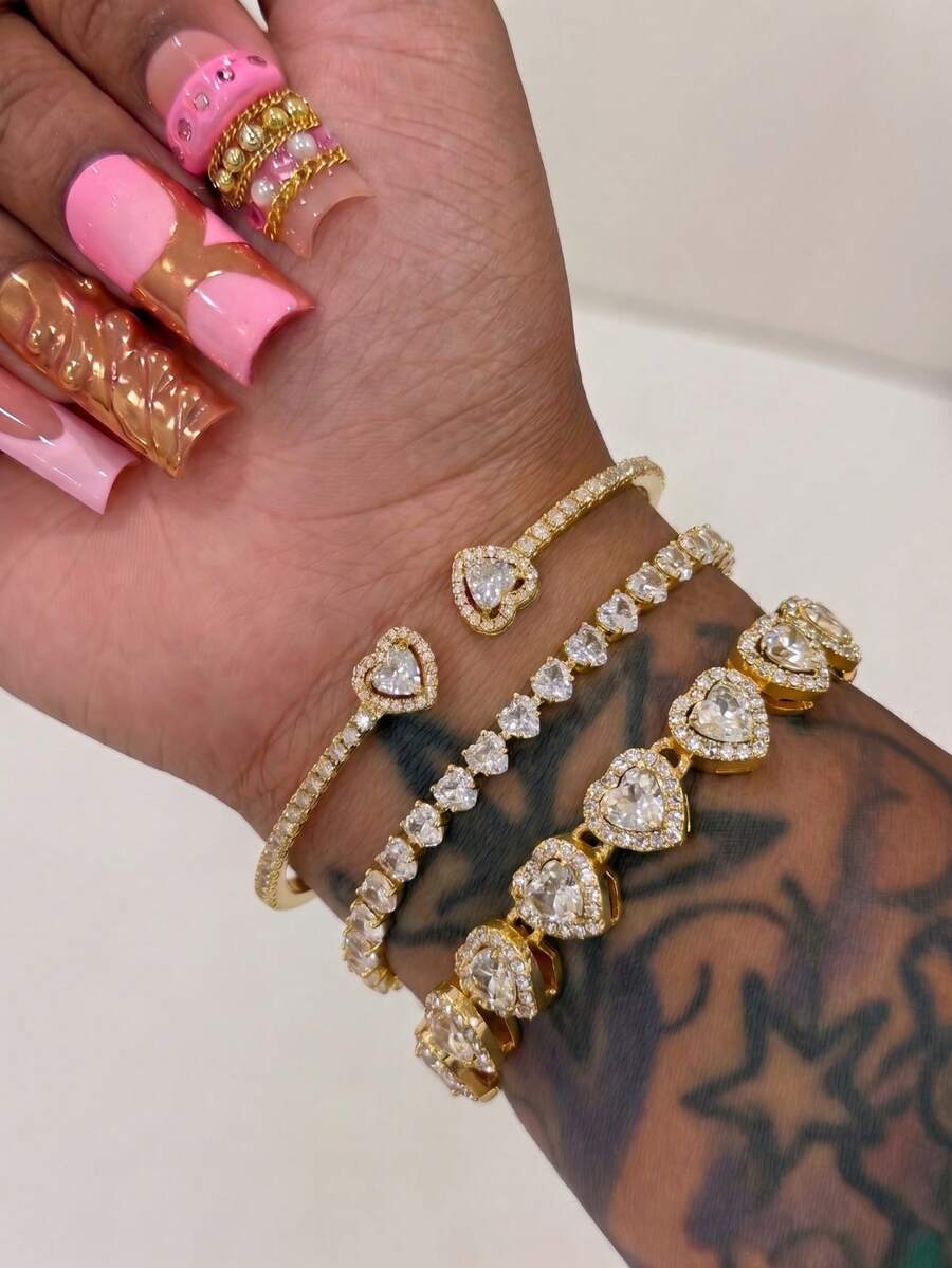 Stainless Steel 18K Gold Diamond Heart-Shaped Bracelet Set, 14K Gold Cubic Zirconia Open Cuff Bracelet, Fashionable Women's Daily Wear, Holiday Gift