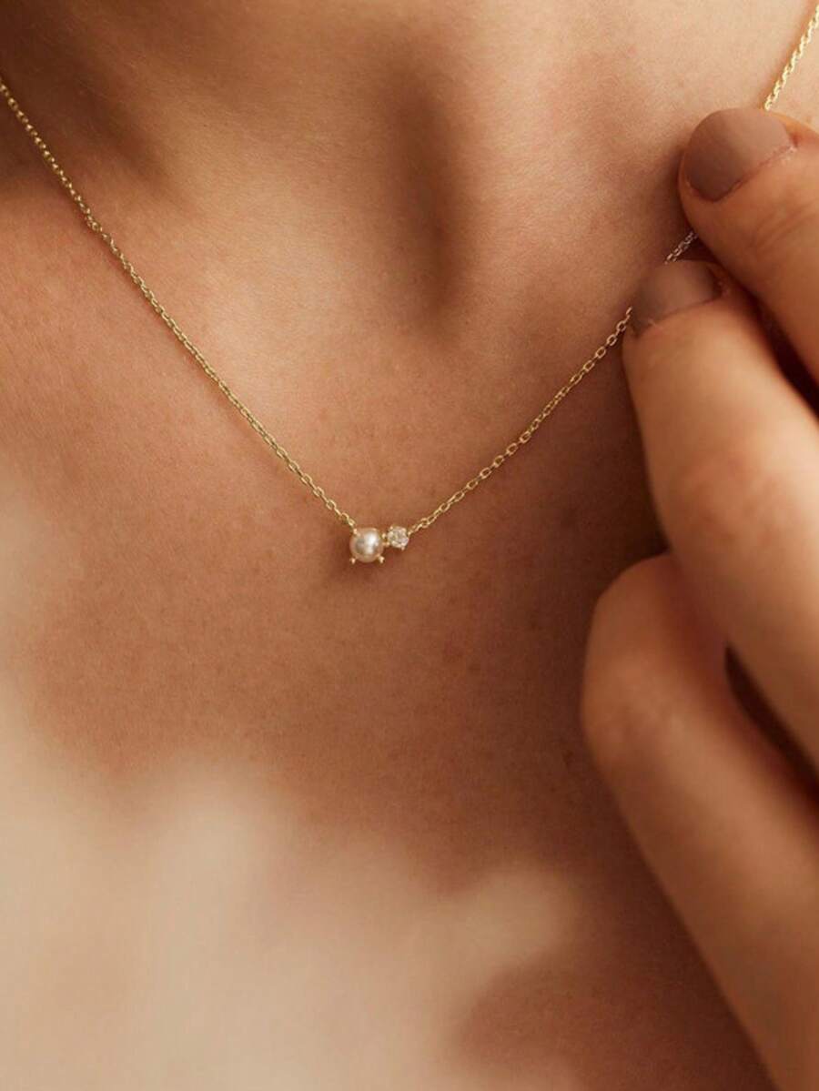 1pc Fashionable Minimalist Elegant Pearl & Zirconia Necklace Choker Chain, Suitable For Daily Wear And Holiday Gift - Necklace - View 1