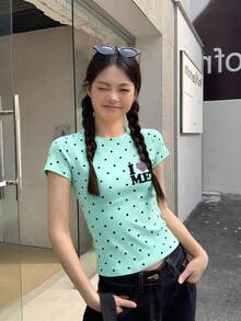 薄荷綠愛心字母印花方領短袖女款T恤，性感修身夏季小眾波點上衣，休閒度假風 - 薄荷綠 - 查看 5