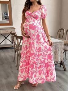 Floral Print Maternity Dress With Puff Sleeves And A Ruffled Hem - Apricot - View 1
