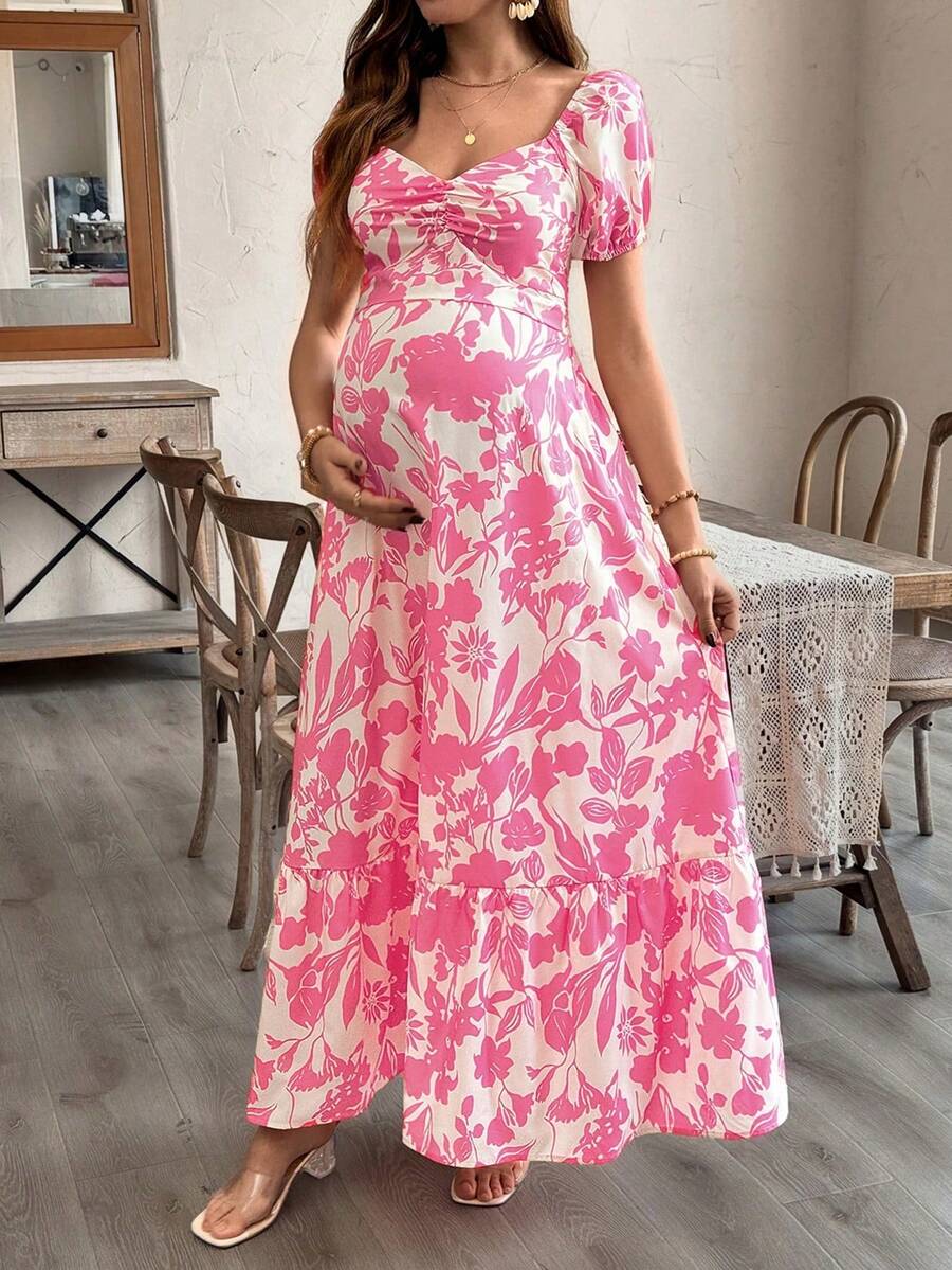 Floral Print Maternity Dress With Puff Sleeves And A Ruffled Hem - Apricot - View 1