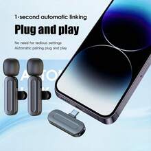 無線領夾式麥克風，兼容 Android、、智慧型手機、筆記型電腦，360° 收音，智能降噪，Type-C 即插即用，適用於 Vlog、會議、學習、短影片錄製、直播、唱歌、視訊會議、遊戲、採訪，提升音質 - 黑色 - 查看 3