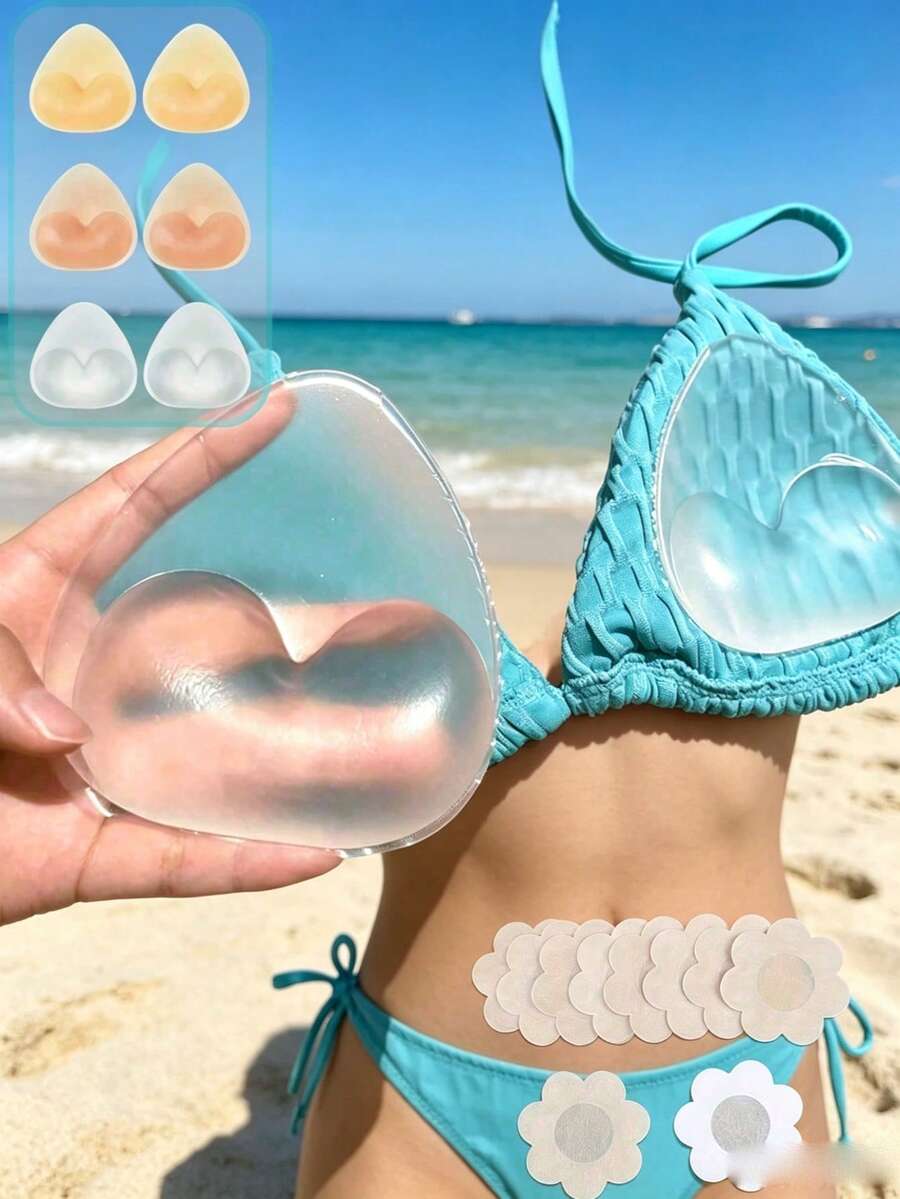 一对可重复使用的硅胶乳贴，隐形提拉，比基尼胸垫，适用于泳装和内衣，柔软厚实，自然丰胸，透明/裸色可选，三角乳贴提拉胸部，使小胸看起来更大。适用于泳装和内衣，柔软厚实的衬垫，增强胸部提拉效果，适用于比基尼、婚纱、连衣裙和吊带背心。