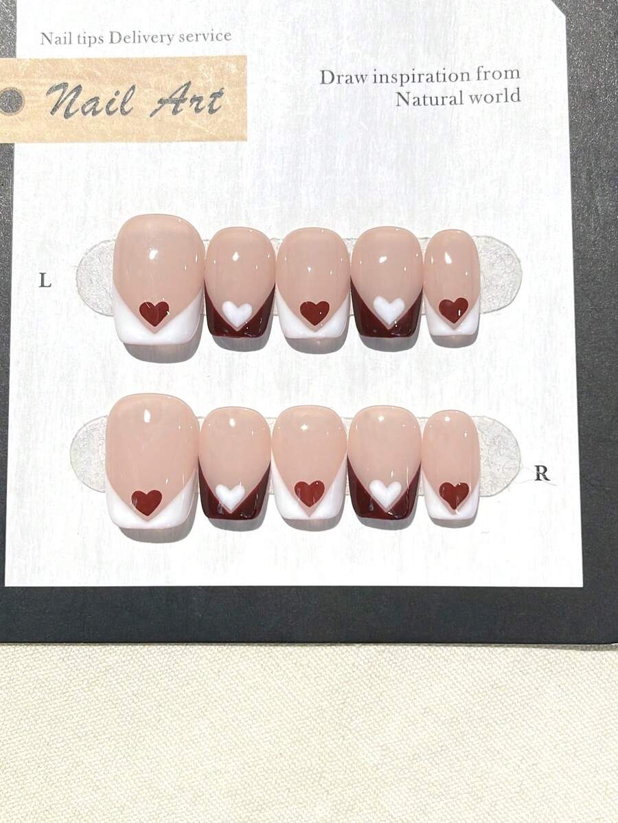 10PCS Handmade Pressing Nail Set Short Nail Square French Love Simple Jelly Powder Nail Set Long Pressing Nail Suitable For Party Or Daily Wear, Enhance Your Style, Comes With Two Jelly Glues And One Rubbing Strip Nails
