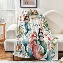 Customized Flannel Blanket, Printed With Exclusive Name, Numbered Mermaid Pattern And Pink Elements, Suitable For Bedroom, Living Room And Travel Scenes - Multi-Functional Practical Blanket - Multicolor - View 9