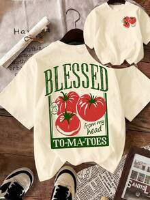 女款夏季 Blessed Tomato 口號背印寬鬆 T 恤，休閒短袖圓領上衣，日常穿著，適合度假，黃色 - 黃色 - 查看 2