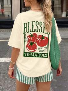女款夏季 Blessed Tomato 口號背印寬鬆 T 恤，休閒短袖圓領上衣，日常穿著，適合度假，黃色 - 黃色 - 查看 4