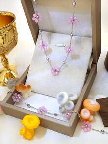 2 pezzi/Set Gioielli in acciaio inossidabile da donna, collana con ciondolo a fiore rosa e bracciale, regalo per la festa della mamma, compleanno, vacanza - Multicolore - Visualizzare 9