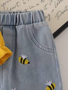 Baby Girl 2-Piece Set For Spring/Autumn, Bee Embroidery 2 In 1 Waffle Vest + White Ruffle Collar Shirt, Floral Bee Embroidery Light Denim Pants Outfit - Yellow - View 4