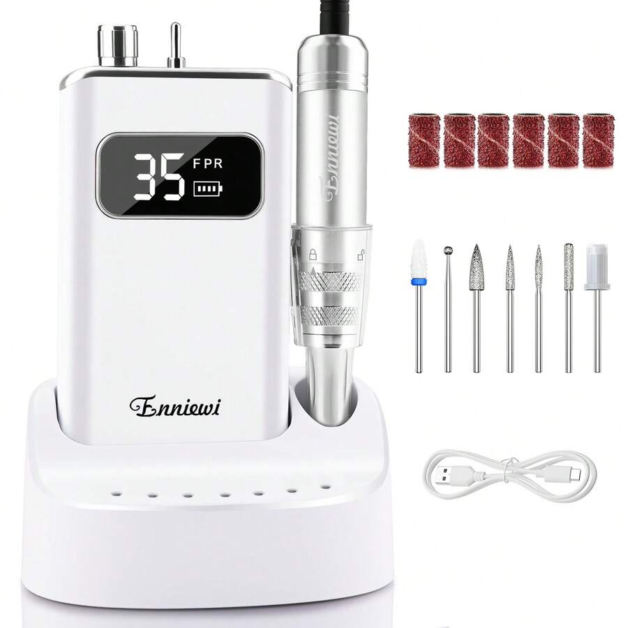 enniewi 電動美甲磨甲機，便攜式美甲磨甲套組，配備可充電底座，無線電動美甲磨甲機，適用於去除凝膠和壓克力美甲，居家沙龍足部與手部美甲工具
