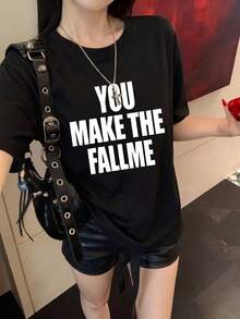 Y2K女款復古風夏季新款休閒寬鬆字母印花短袖T恤上衣 黑色 - 黑色 - 查看 2