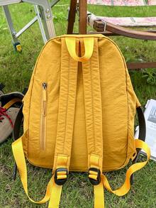 1pc Yellow Nylon Casual Minimalist Style Sports Outdoor Multi-Pocket Comfortable Shoulder Strap Zipper Closure Large Capacity Foldable Water-Resistant Backpack (No Pendant) Suitable For Spring/Summer Hot-Selling Model, Suitable For Students, Can Be Used For Campus, Commuting, Outdoor Travel, Also As A Holiday Gift, Can Hold Books, Pencil Case, Makeup Bag, Makeup Box, Etc., Suitable For Home, Gift, Vacation - Yellow - View 5