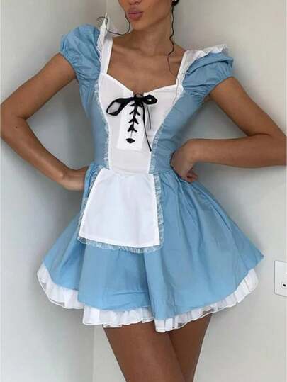 Disfraz de Alicia en el País de las Maravillas para Halloween para Mujeres, Vestido de Cosplay de Manga Corta Abullonada con Delantal y Lazos, Atuendo de Fiesta de Cuento de Hadas