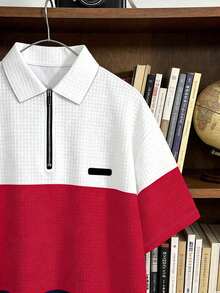 Camisa polo de manga corta con cremallera delantera, diseño minimalista, bloques de color, estampado digital, adecuada para uso diario y viajes, primavera/verano - Multicolor - Ver 6