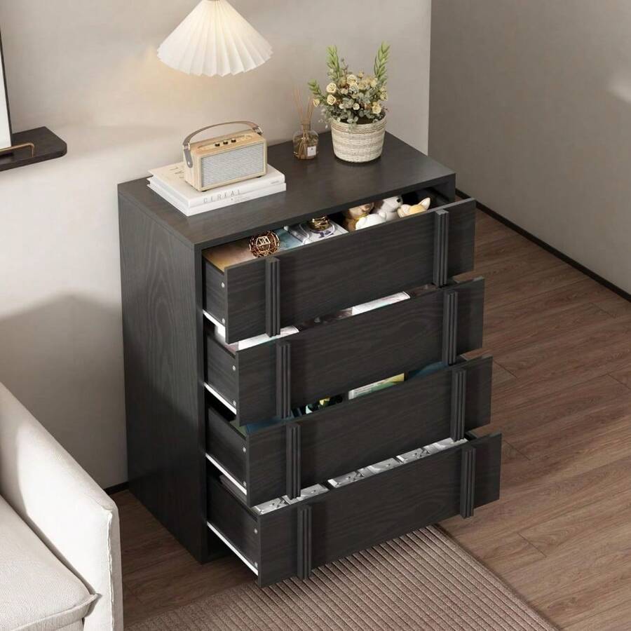Modern Vertical Handle Bedside Table – 3/4/5 Drawers Wooden Bedside Cabinet – Space-Saving Storage for Bedroom, Living Room, Entryway – Natural Oak - schwarz, 4 Schubladen - Übersicht 1