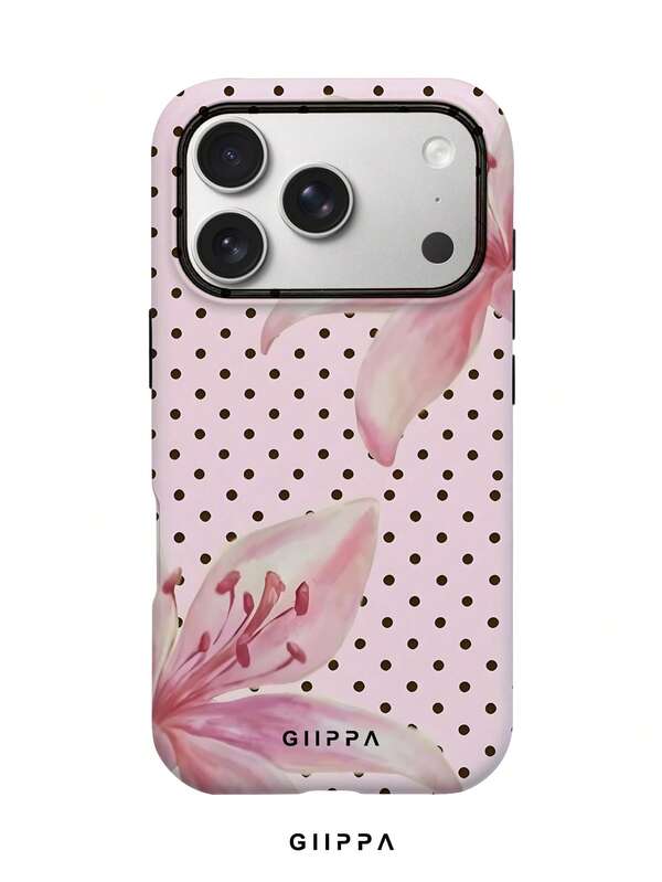 GIIPPA 1pc Pink-Brown Polka Dot & Lily Flower Pattern Phone Case, Compatible With Phone 17 Pro Max, 16 Pro Max, 15 Pro Max, 14 Pro Max, 11/12/13/14/15/16 Pro Max Plus, Korean High-End Fashion Fun Elegant Design, Suitable For Men And Women, Perfect Gift For Girlfriend On Christmas, Valentine's Day, Easter, Wedding Season And Birthday