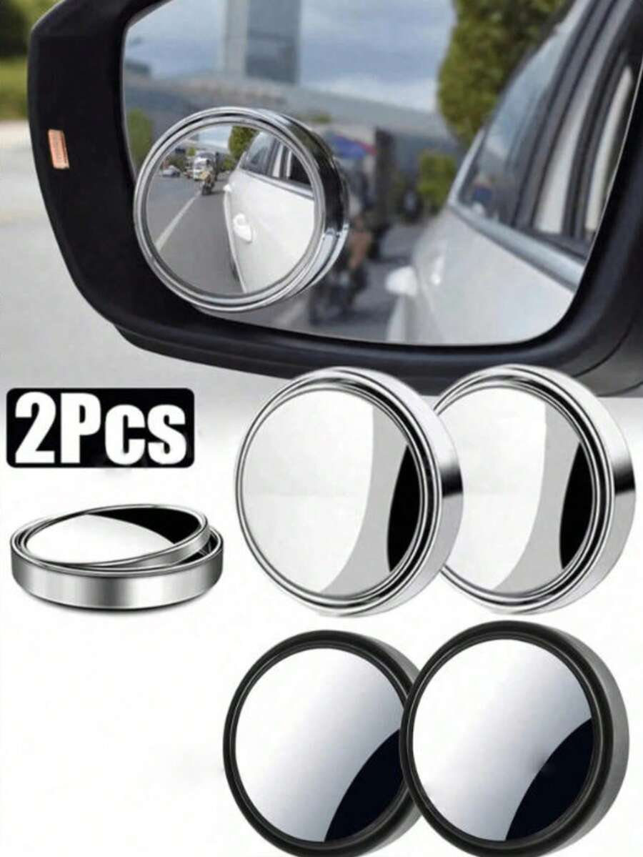 2pcs 360° Adjustable Blind Spot Mirror Car Auxiliary Rearview Convex Mirror Round Frame Wide Angle Mirror Suitable For Car Reverse Mirror - A - View 1