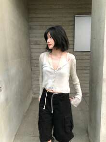 秋冬韓系百搭亞麻針織開襟衫 薄款羅紋素色防曬長袖上衣 女款 - 綠色 - 查看 6