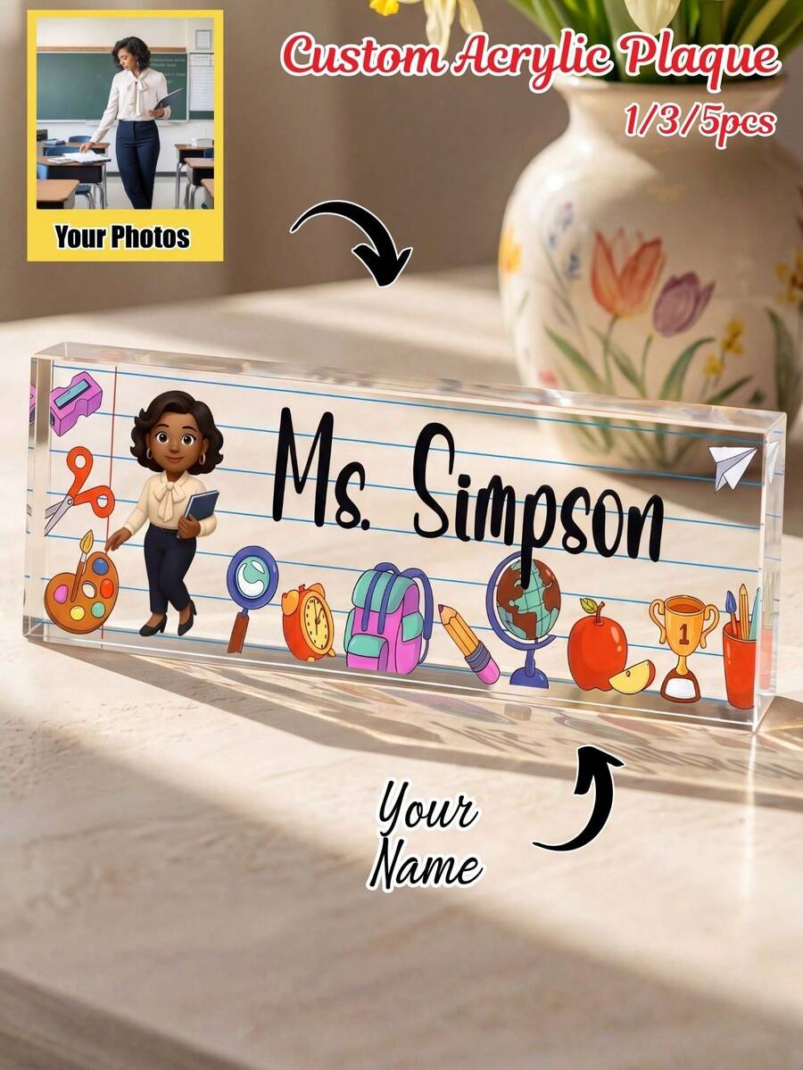 Customized Photo Cartoon Teacher Acrylic Desktop Nameplates, 1/3/5-Piece Sets, Classroom Desktop Decoration Gifts For Teacher's Day, Suitable For Graduation Season, New Teacher Induction Ceremony, Teacher's Day, And School Commendation Activities. - Multicolor - View 1