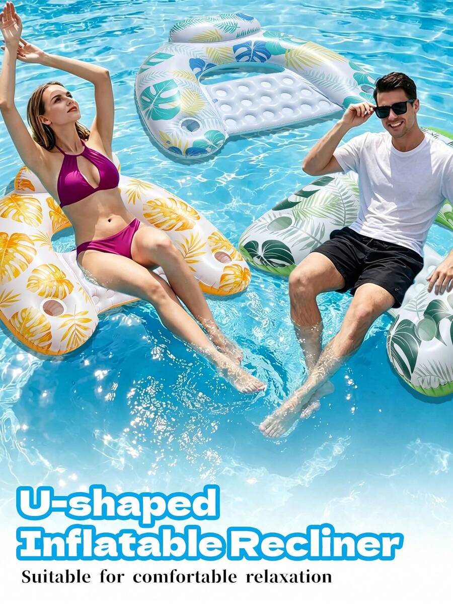 Tropical Banana Leaf U-Shaped Floating Chair With Built-In Pillow, Dual Cup Holders, Inflatable Water Sofa, Breathable Bubble Seat Cushion, High Weight Capacity Floating Lounger, Adult Men & Women Island Beach Leisure Water Play Equipment - A - View 1