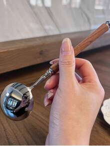 1pc Wood Grain Handle Stainless Steel Round Head Long Handle Spoon, Household Rice Spoon, Soup Spoon, Tea Spoon, Dessert Spoon - View 6