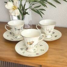 1 Set 2pcs 200ml European Vintage Pastoral Style Insect Pattern Gold Rim Coffee Cup & Saucer Set, Exquisite Tea Set For Hotel, Home, Afternoon Tea, Holiday Gift - Apricot - View 2