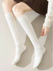 1 Pair Women's Autumn/Winter Solid Color Compression Fashion Slimming Calf Socks, Maillard Color Palette, Japanese JK Sweet Style, High Tube Warm Long Socks - Multicolor - View 4