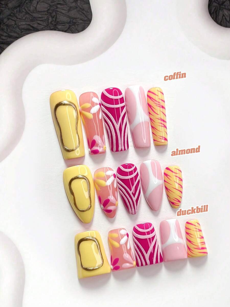 10pcs Fashion Handmade Press-On Nails, Polygel Nail Set, Yellow, Pink And Purple With White Flowers, Yellow, Pink, Purple Nail Polish, Cute Girl Style, Includes Nail Tools, 3 Sizes Available, Almond, Duck, Coffin Shape, Suitable For Party, Dancing, Daily Wear - 彩色 - 查看 1