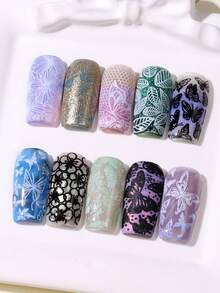 1pc Summer Floral Leaf Butterfly Nail Art Stamping Plate, Minimalist Line Flower & Leaf Pattern Nail Template, Reusable Stainless Steel Nail Art Tool Template, Salon DIY Accessory - Silver - View 5