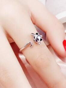 Adjustable Cat Tail Ring, Silver-Plated Cute Kitten Open Wrap Ring, Black Eyes, Fashionable Animal Personality Accessory, Suitable For Women's Daily Wear - Silver - View 5
