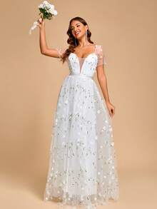 Elasola Women's Elegant Romantic Heart Neckline Short Sleeve Evening Gown White - White - View 8