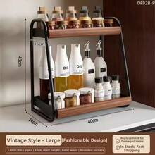 Kitchen Seasoning Rack Pull-Out Style Condiment Holder Home Countertop Oil Salt Sauce Vinegar Multi-Function Double Layer Storage Rack Desktop Organizer Bathroom Shelf - Walnut Wood Color - View 15