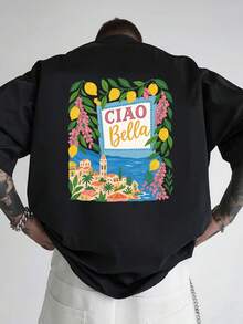 Men's Italian Style Ciao Bella-Shirt - Loose Fit Drop Shoulder Short Sleeve Tee With Front & Back Italian Lettering Print, Summer Hot Item - 白色 - 查看 8
