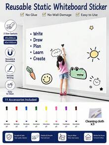 12件/2件/1件可重複使用靜電白板貼紙捲套組，乾擦白板牆貼，適用於居家、辦公室、學校，易撕除且不傷牆面，無殘膠或損壞，可反覆書寫、擦拭與重複使用，可輕鬆裁剪至自定義尺寸，適合居家、辦公室或規劃工具使用，教室必備 - 平面牆貼 - 查看 2