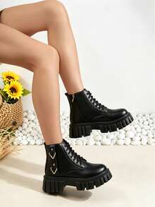 Women's Fashion Round Toe Lace-Up Autumn/Winter Plus Size Vintage Black Side Zipper Slip-On Thick Sole Ankle Boots Versatile Boots - Black - View 1