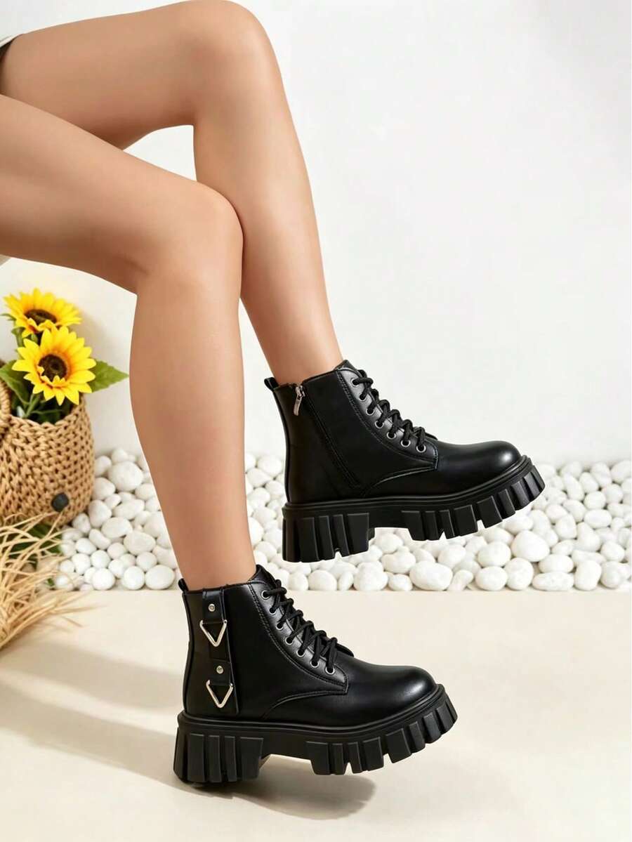 Women's Fashion Round Toe Lace-Up Autumn/Winter Plus Size Vintage Black Side Zipper Slip-On Thick Sole Ankle Boots Versatile Boots - Black - View 1