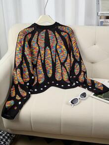 Butterfly Cape Knit Cardigan, Contrast Color Crochet Design, Loose Batwing Sleeves, Spring/Autumn Atmosphere Outerwear Sweater Jacket - Multicolor 6 - View 8