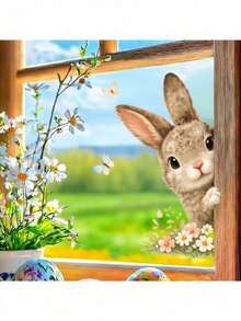 1pc Cute Peeking Rabbit Window Sticker - Rabbit & Flower , Self-Adhesive Removable, Balcony Bedroom Glass Decor, Adorable Pet Window Decal - Mixed Colors - View 3