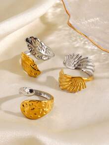3pcs/Set Stainless Steel 18K Gold Plated Fashion Wing Feather Ring Set Suitable For Women Daily Wear, Party And Gathering - Multicolor - View 5