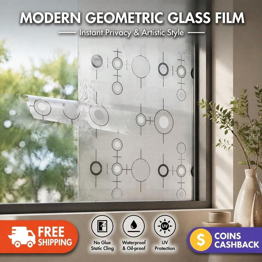 Modern Line Circle Geometric Static Cling Window Privacy Film, Glue-Free Waterproof Oil-Proof UV Blocking Translucent Glass Sticker, Minimalist Art Decor Window Cover For Kitchen Bathroom Bedroom Balcony Sliding Door - Multiple Circles - View 1