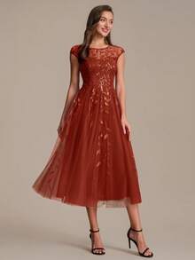 EVERPRETTY 奢華女款燃橘色半正式舞會中長洋裝,葉片亮片透視薄紗領口、小飛袖、薄紗A字裙客賓禮服 - 亮橙色 - 查看 6