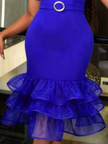 AOMEI Elegant Blue V-Neck Layered Mermaid Evening Gown,Cinched Waist Rhinestone Buckle Party Dress For Women,Wedding, Anniversary,Formal Wear - Blue - View 2