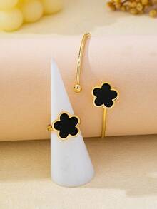 2er/Set eleganter Vierblattkleeblatt-Stil schwarzer Fünfblattkleeblatt-Blumen Damen offener Armreif & offener Ring, geeignet für Urlaubsgeschenke und Alltag-Outfit - Schwarz - Übersicht 2