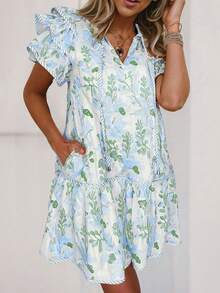 Acelitt Summer Light Blue Floral Contrast Edge Layered Short Sleeve Mini Dress Elegant Vacation - Baby Blue - View 1
