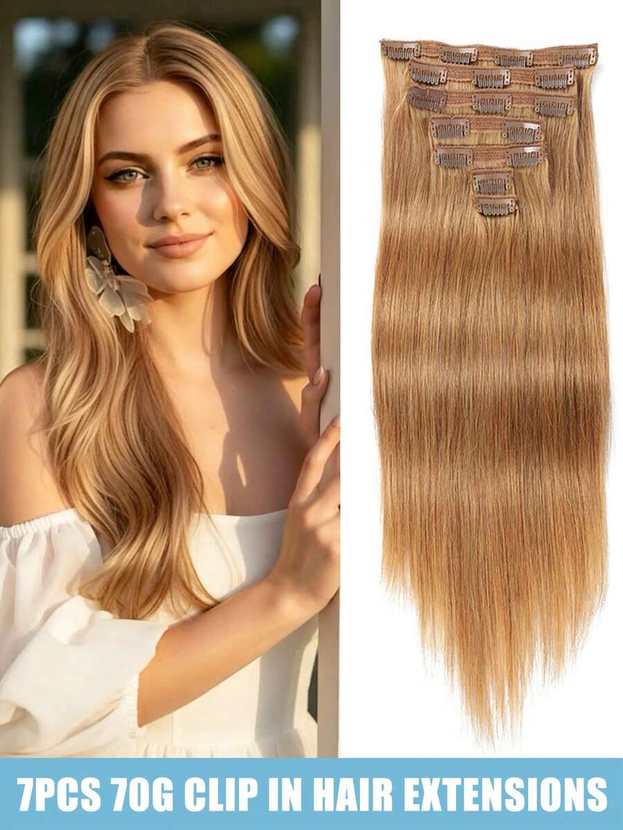 JIAMEISI Remy Human Hair Double Layer Lace Hair Extensions 70g 7pcs Set, Natural Straight Clip-In Hair Extensions For Women, #27 Strawberry Blonde - S27 - View 1