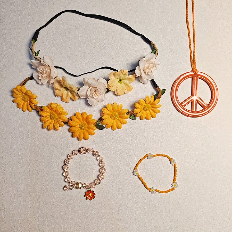5pcs Hippie Accessories Set, Including Peace Sign Beaded Bracelet, Necklace, Flower Crown Headpiece, Hippie Costume Props, Suitable For Women To Attend Parties, Can Be Used For Halloween Party Costume - Multicolor - View 1