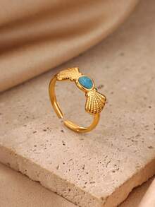 1PC Blue Oil Dripping Shell Rings For Women Gold Color Stainless Steel Geometric Shell Opening Ring Aesthetic Fashion Beach Vacation Jewelry Gift - Multicolor - View 3