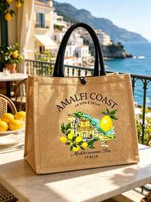 Bolsa de lino con estampado creativo de limón & letra, bolso de compras cuadrado amarillo, bolsa de almacenamiento casual de gran capacidad, bolsa reutilizable para comestibles para hombres & mujeres maestros, bolsa organizadora, bolsa de maquillaje, bolsa de playa para trabajo, viaje & uso diario, bolsa de hombro ligera con bolsillo para monedas, diseño novedoso, regreso a la escuela, graduación, Día de la Madre, Día de San Valentín, regalo de cumpleaños - Multicolor - Ver 6