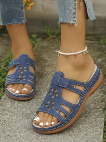 Wide Fit Plus Size Women's Summer New Wedge Heel Thick Sole Open Toe Beach Sandals Navy Blue Matte PU Floral Hollow Out Slip-On Slouchy Shoes Soft Sole Comfortable Non-Tiring Shock-Absorbing Walking Shoes European American Retro Vacation Style Outdoor Wear Plus Size Women's Shoes Casual Versatile Daily Shopping Lightweight Stable High-End Niche Design Wide Feet Inclusive Non-Slip Wear-Resistant Bohemian Fashion Street Mom Shoes Maternity Shoes - Navy Blue - View 1